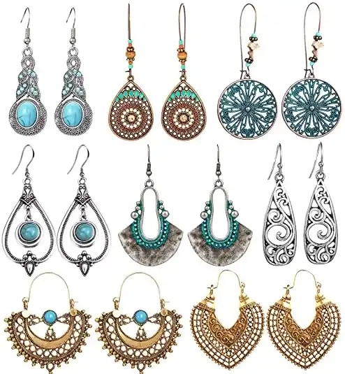 Bohemia Retro Turquoise Stone Vintage Drop Long Earrings Jewelry for Women